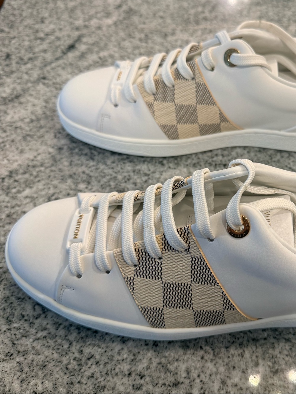 Louis Vuitton White & Beige Damier Low-Top Sneakers with Gold Accents